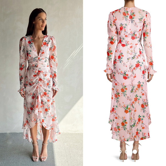 NWT Sau Lee Ciara Pink Floral Ruffle Midi Dress Size 6 Wedding Guest - Picture 1 of 16